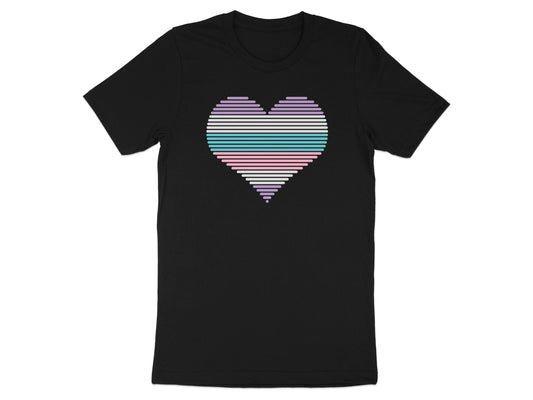 Black t-shirt with horizontal stripes forming a pastel heart graphic.