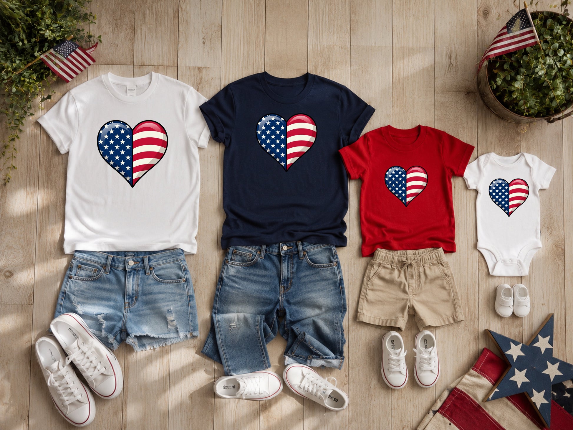 Matching patriotic heart t-shirts and onesie with denim shorts and hats.