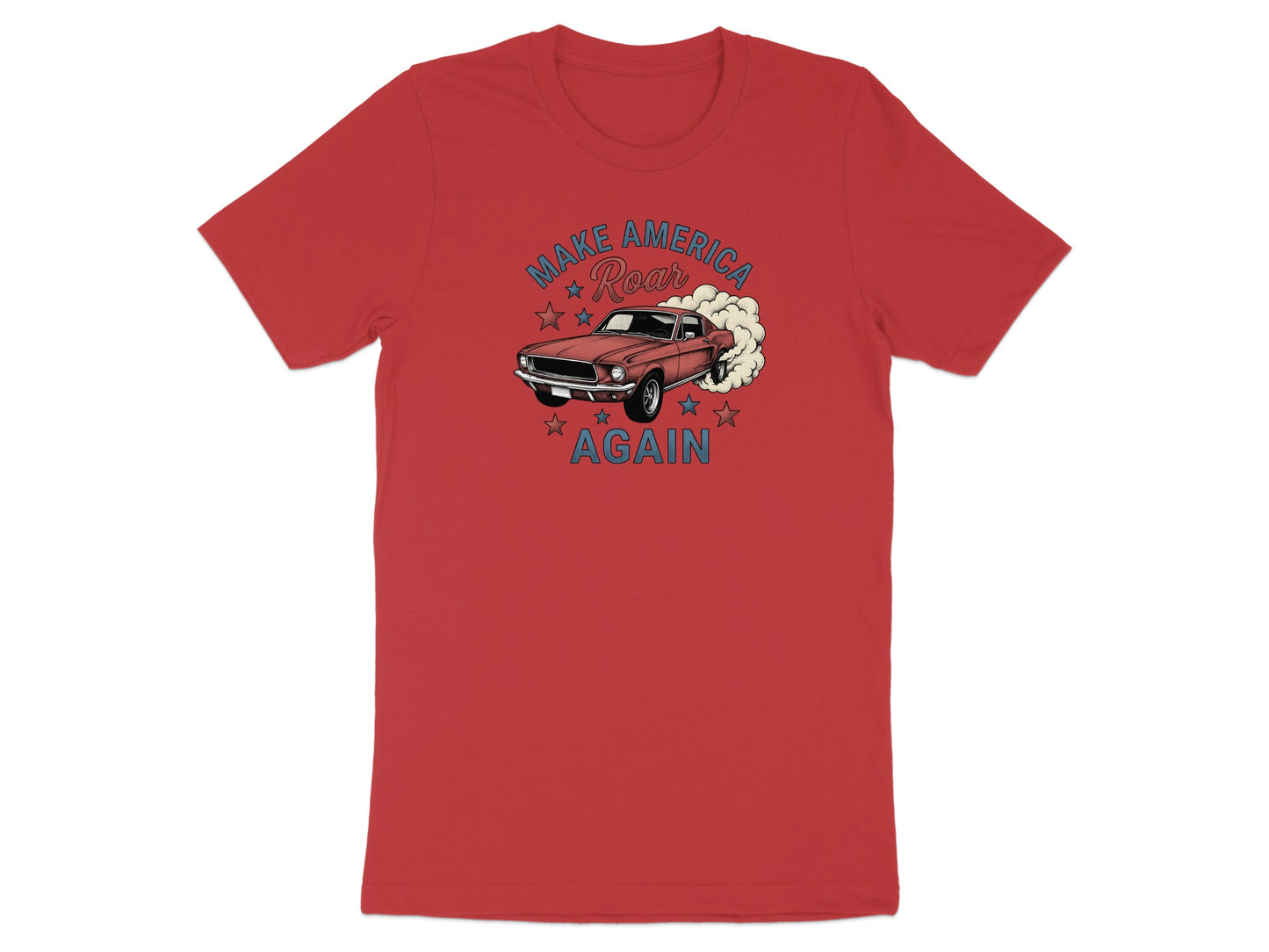 Red t-shirt with a vintage car and "Make America Roar Again" text.