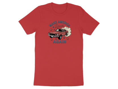 Red t-shirt with a vintage car and "Make America Roar Again" text.