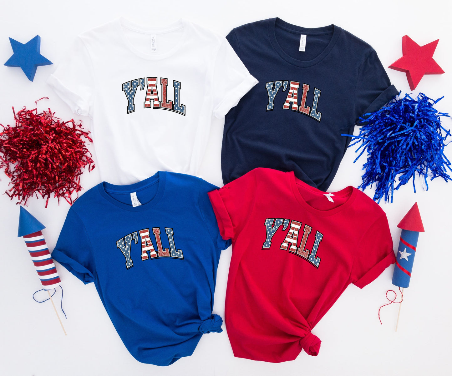 Four t-shirts with "Y'ALL" in patriotic USA flag design.
