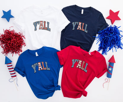 Four t-shirts with "Y'ALL" in patriotic USA flag design.