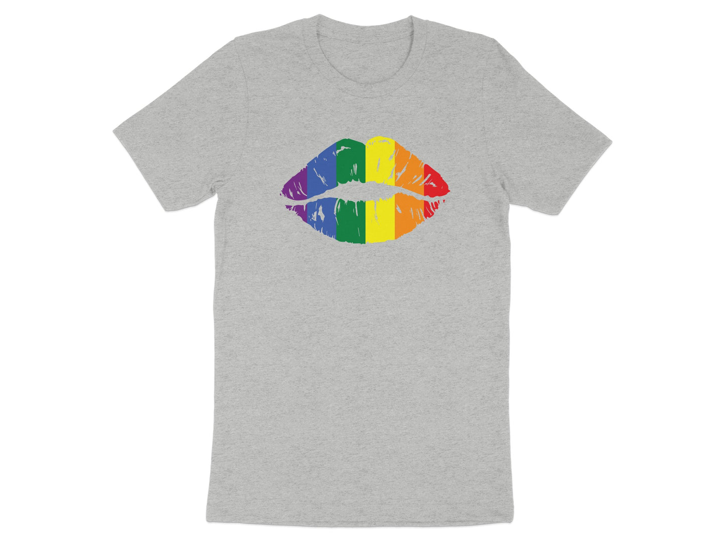 Gray t-shirt with rainbow-colored lips graphic.
