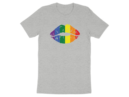 Gray t-shirt with rainbow-colored lips graphic.