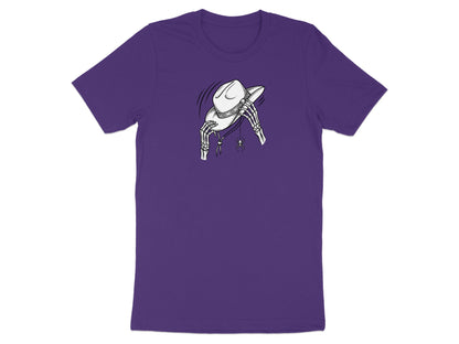 Skeleton hands in a cowboy hat with