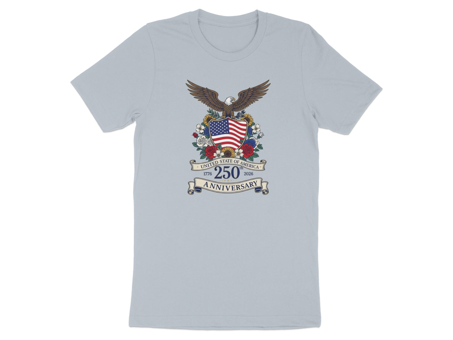 T-shirt with eagle crest, "United States of America 1776 2026 250th Anniversary".