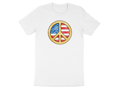 White t-shirt with a watercolor US flag peace sign graphic.