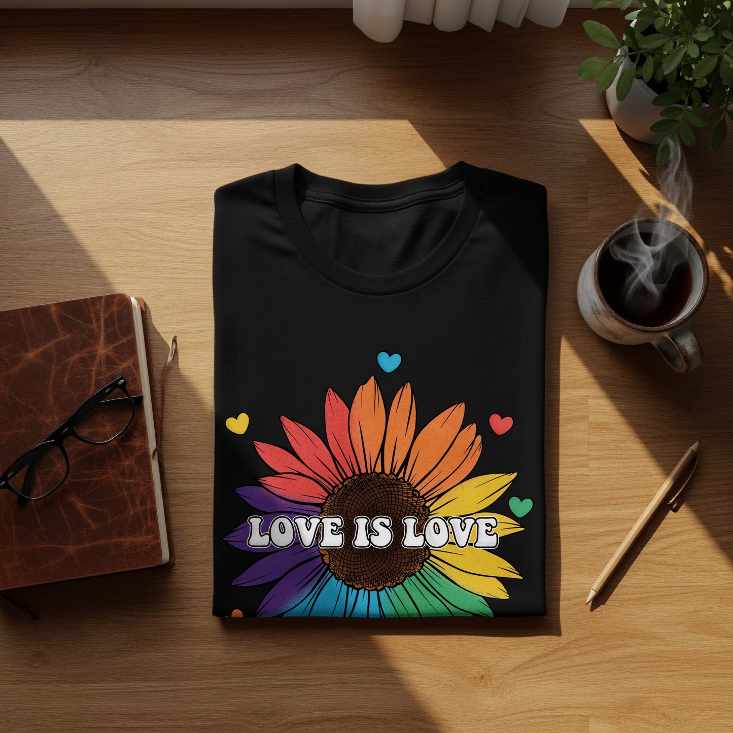 Black t-shirt with rainbow sunflower and "Love is Love" text.