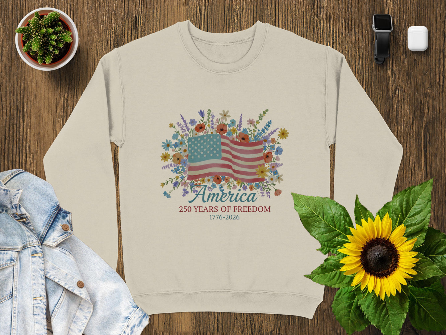 Cream sweatshirt with American flag, floral design, and "America 250 Years of Freedom" text.