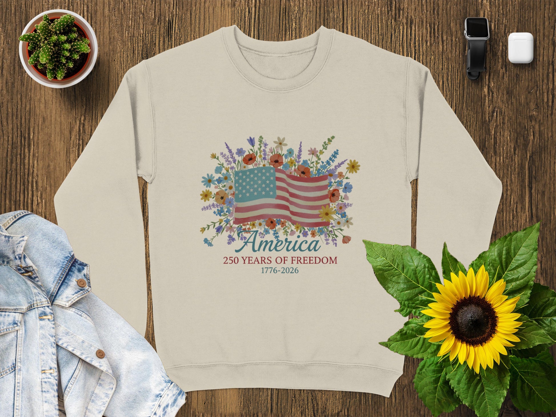 Cream sweatshirt with American flag, floral design, and "America 250 Years of Freedom" text.