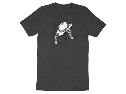 Dark t-shirt with a skeleton's hands holding a cowboy hat and a spider.