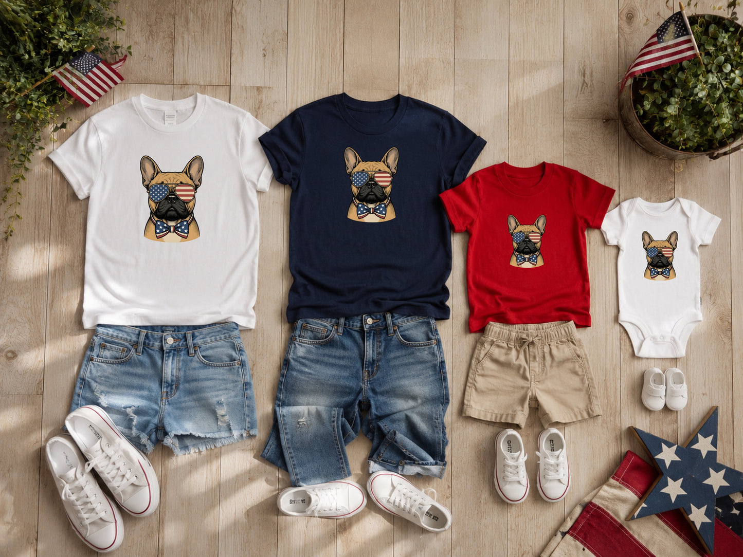 Family of French bulldog themed patriotic t-shirts and shorts.