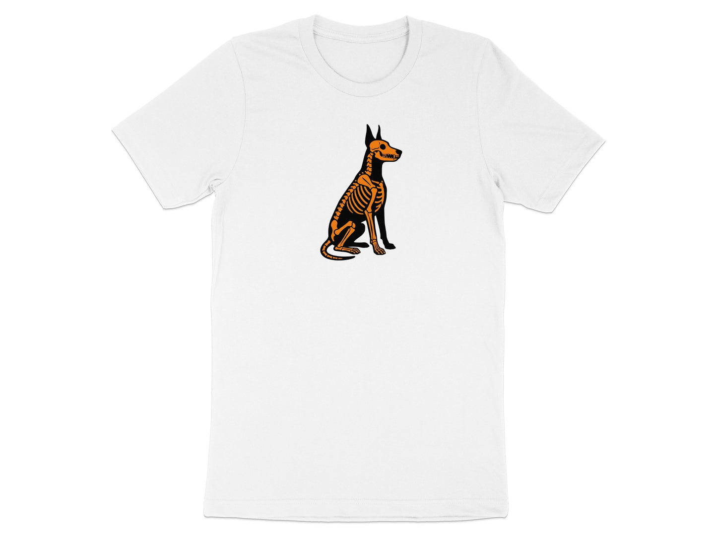 White t-shirt with an orange and black skeletal dog graphic design.