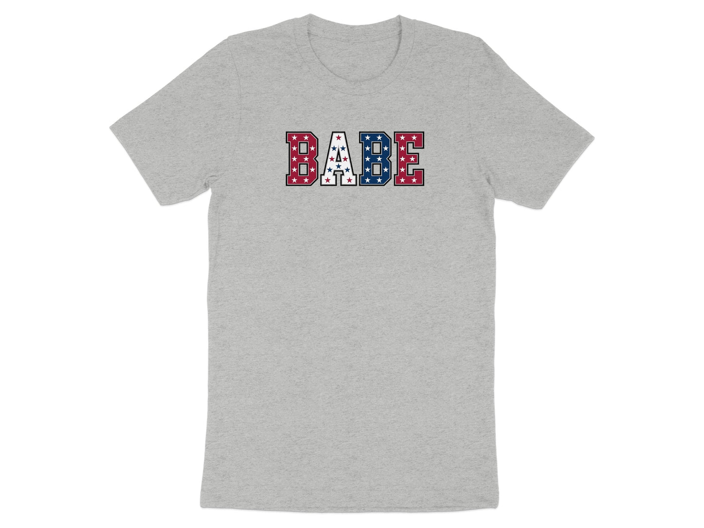 Grey t-shirt with "BABE" text in red, white, and blue stars and stripes pattern.