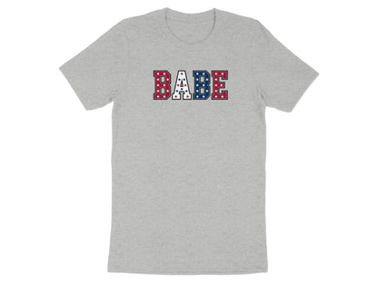 Grey t-shirt with "BABE" text in red, white, and blue stars and stripes pattern.