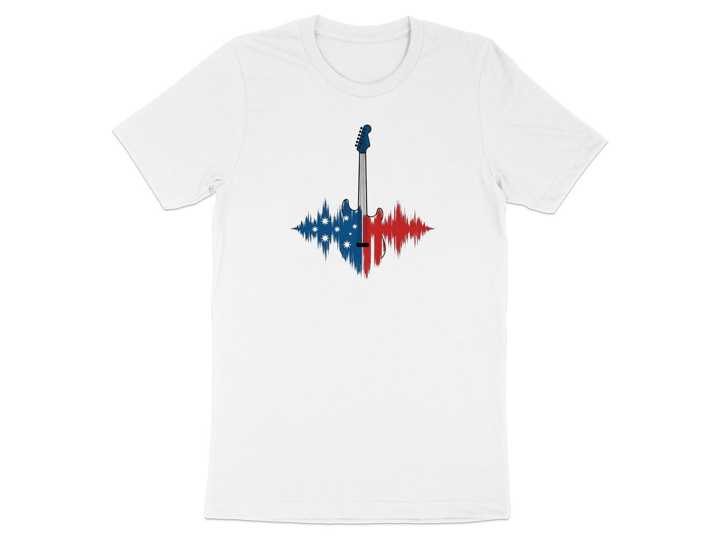 Electric guitar silhouette filled with Australian flag wave pattern.