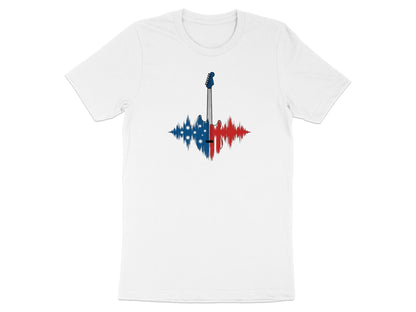 Electric guitar silhouette filled with Australian flag wave pattern.