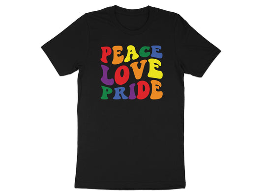 Black t-shirt with "PEACE LOVE PRIDE" in rainbow colors.