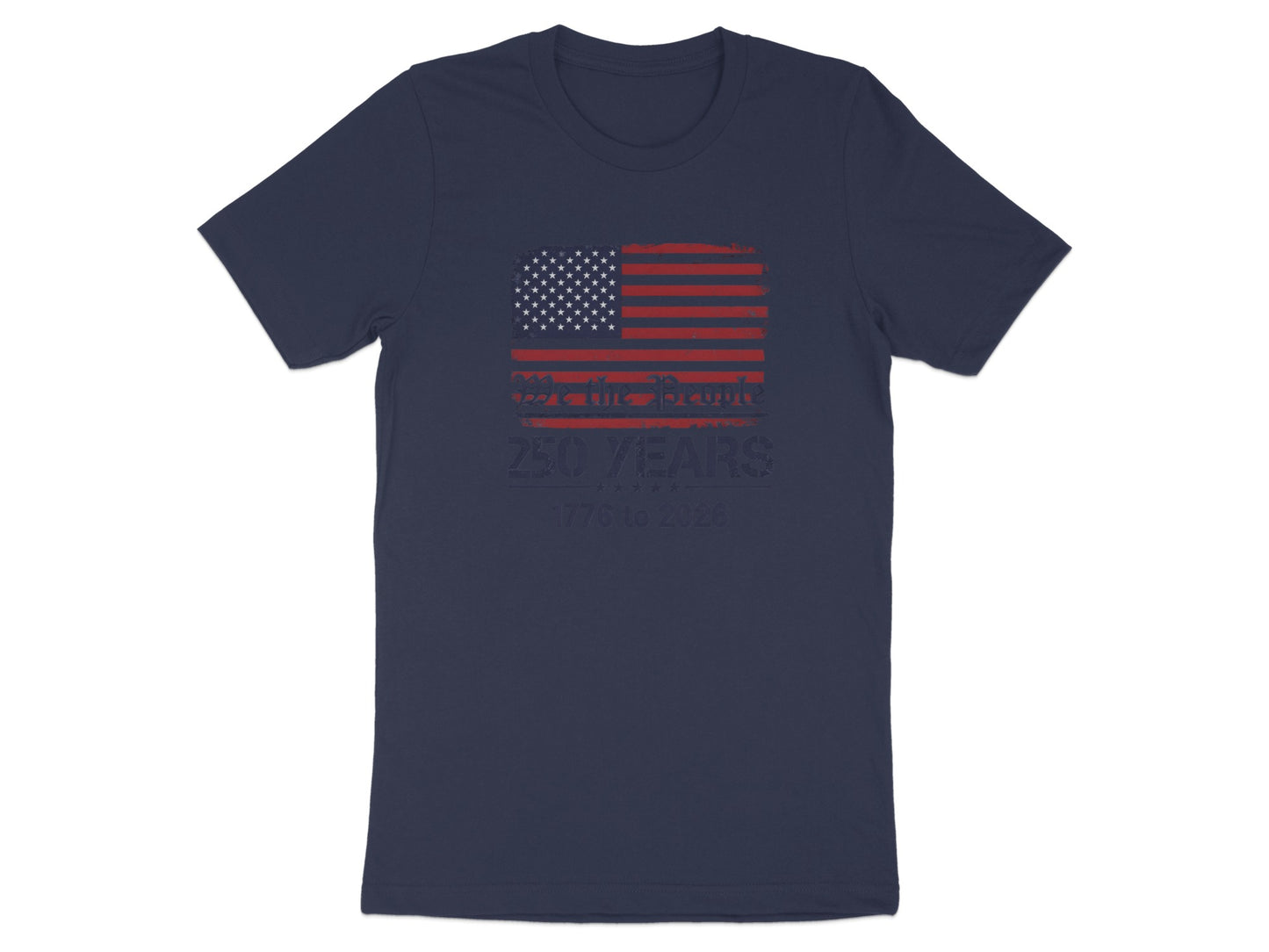 Navy t-shirt with distressed American flag and "250 Years 1776 to 2026" text.