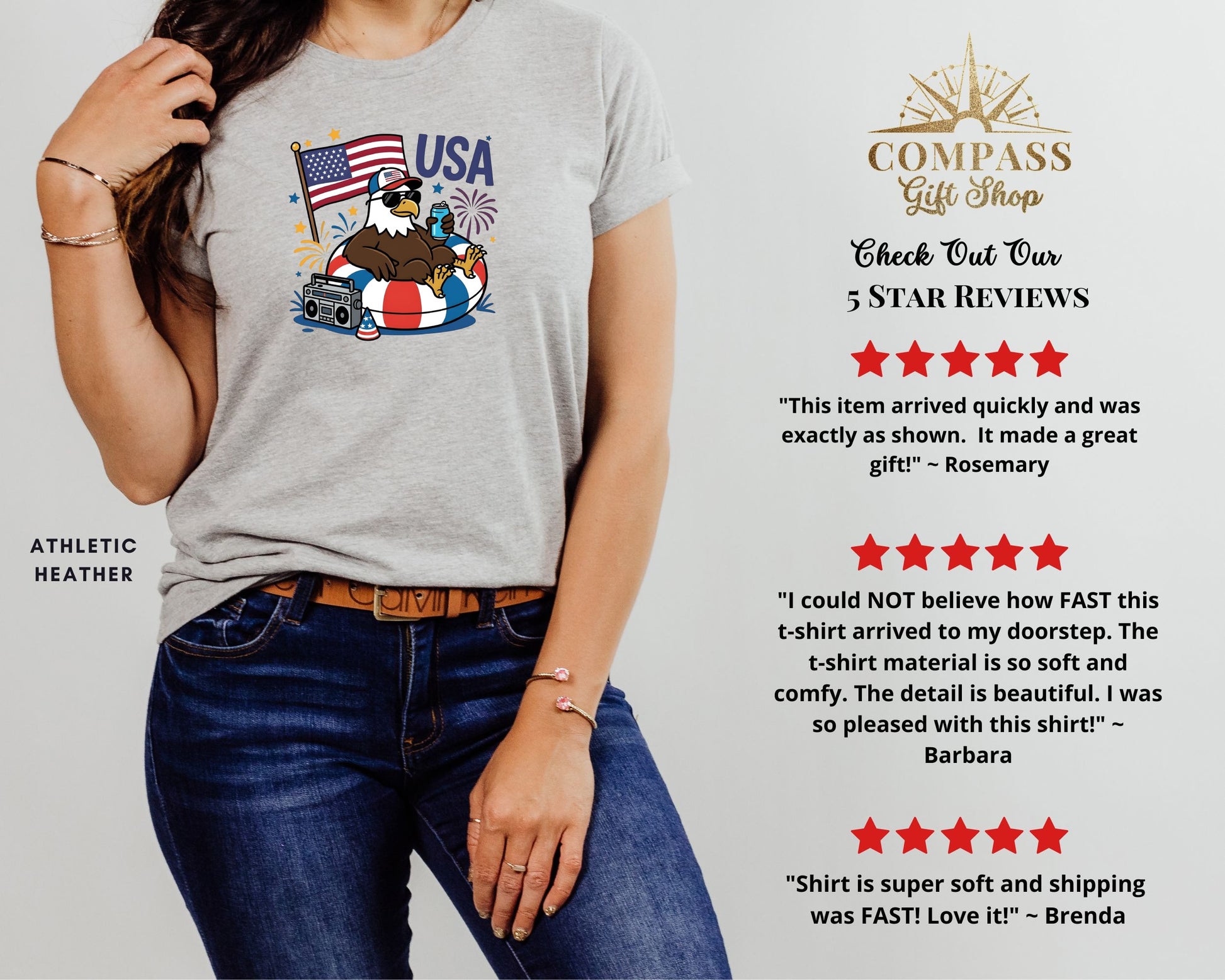 Gray t-shirt with USA eagle graphic, compass gift shop logo, and five-star reviews.