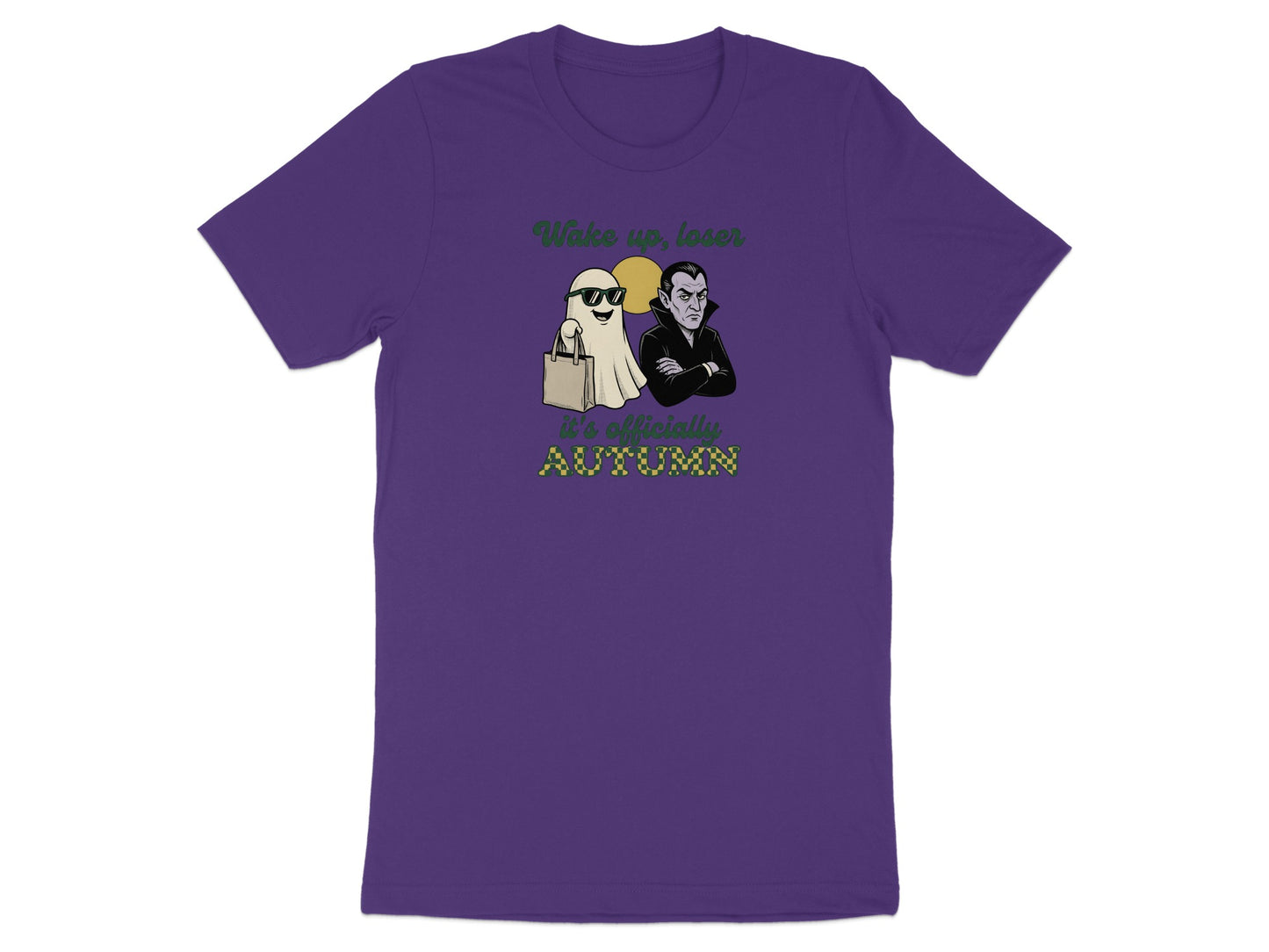 Ghost in sunglasses holding bag with vampire, text "Wake up, loser it's officially AUTUMN".