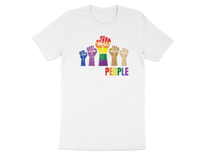 White t-shirt with rainbow fists and "love is love" text.