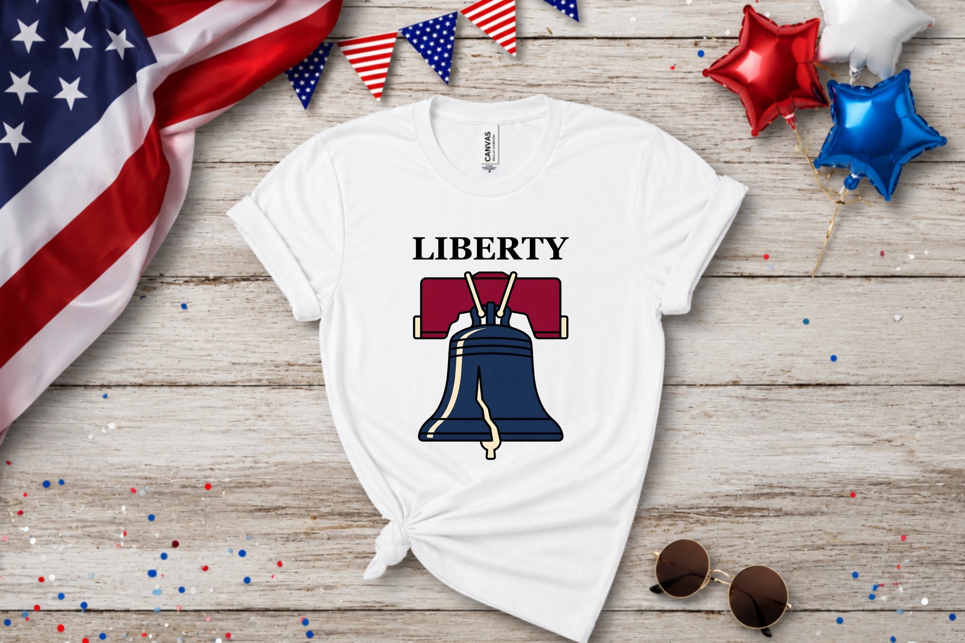 White t-shirt with Liberty Bell graphic and "LIBERTY" text.