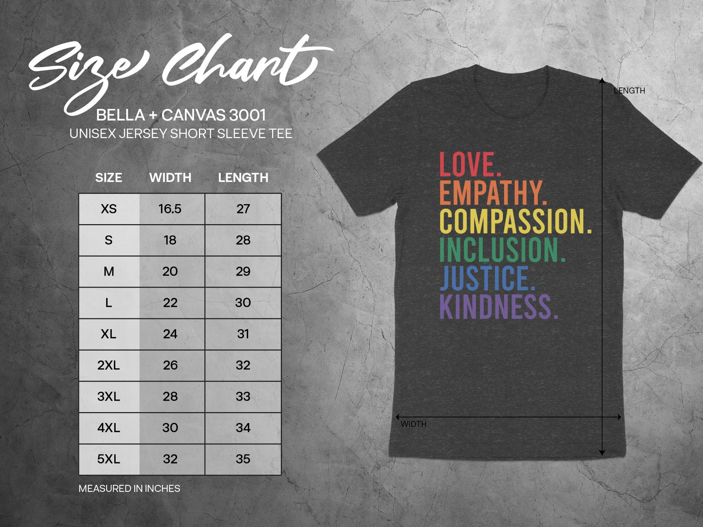 Size chart for unisex Bella + Canvas 3001 t-shirt with inspirational words.