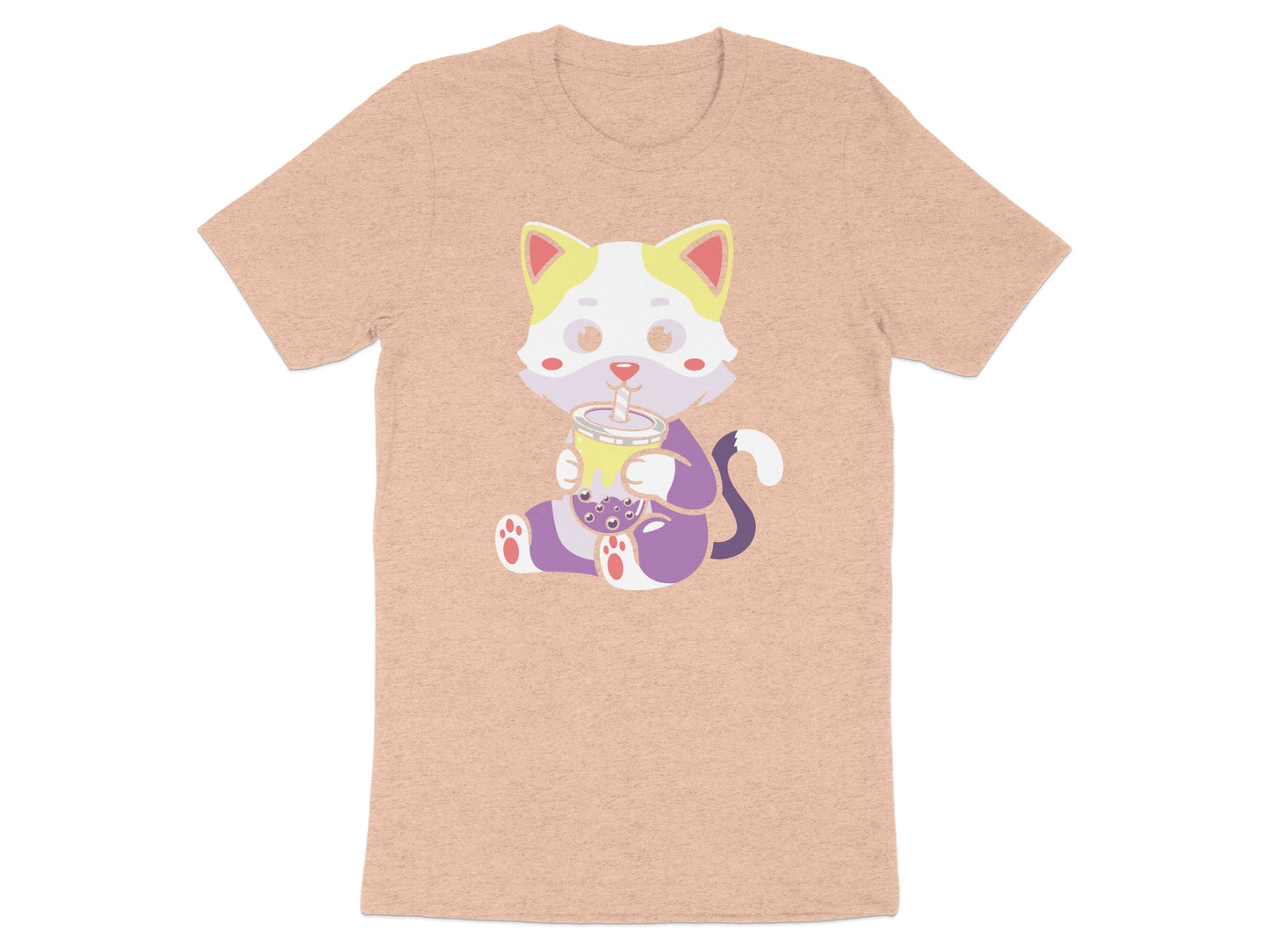 Cartoon cat wearing yellow overalls drinks bubble tea.