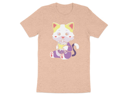 Cartoon cat wearing yellow overalls drinks bubble tea.