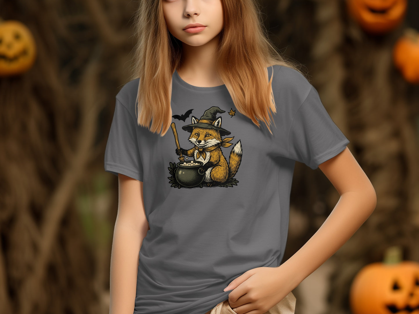 Grey t-shirt with a Halloween-themed illustration of a fox in a witch hat.