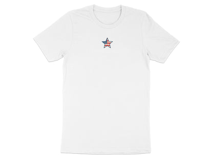 White t-shirt with a distressed American flag star graphic and text.