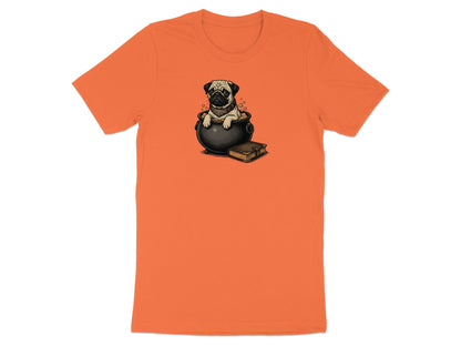 Pug in cauldron with spellbook on an orange t-shirt.