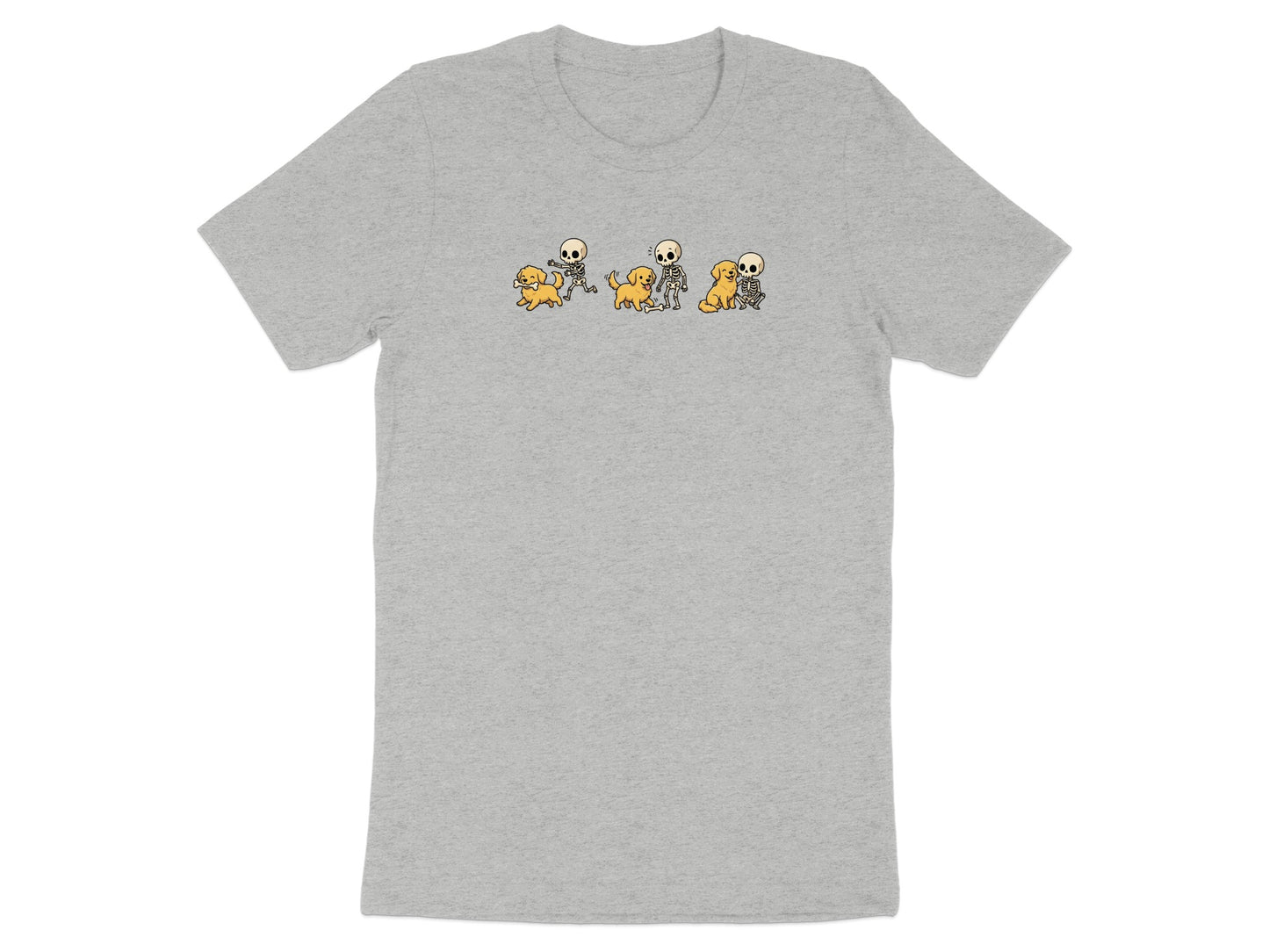 Three skeletons interact with two dogs and bones on a grey t-shirt.