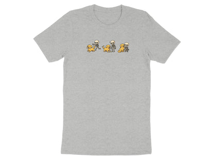 Three skeletons interact with two dogs and bones on a grey t-shirt.