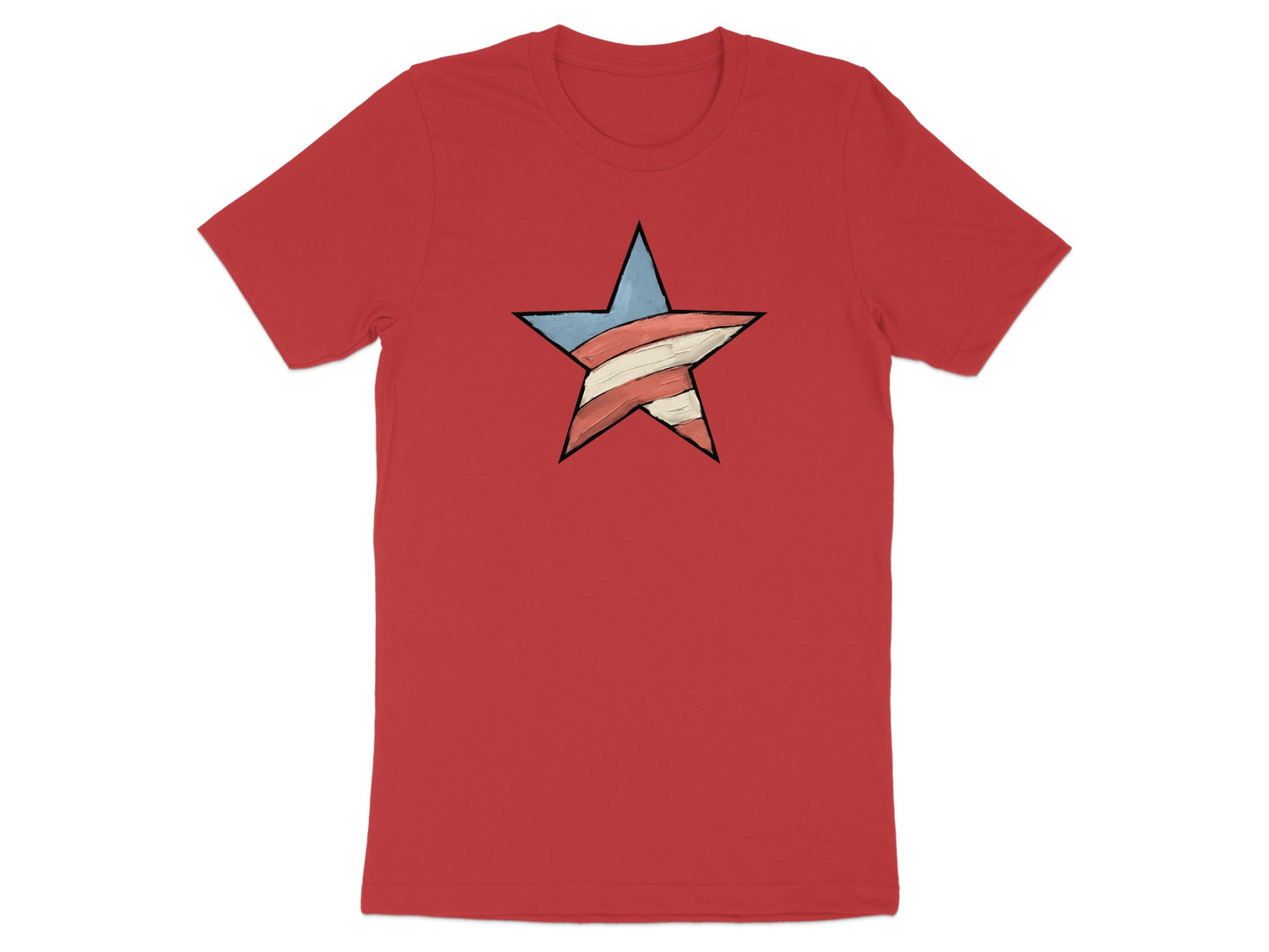 Red t-shirt with a striped blue and white star emblem.