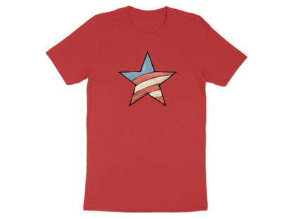 Red t-shirt with a striped blue and white star emblem.