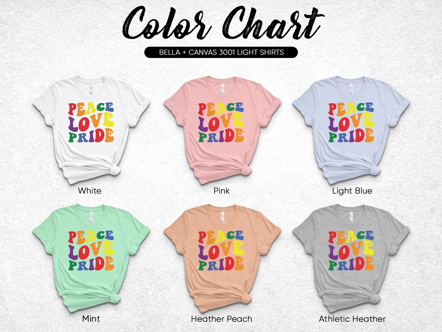 Color chart for BELLA+CANVAS 3001 light shirts, showing six color options.
