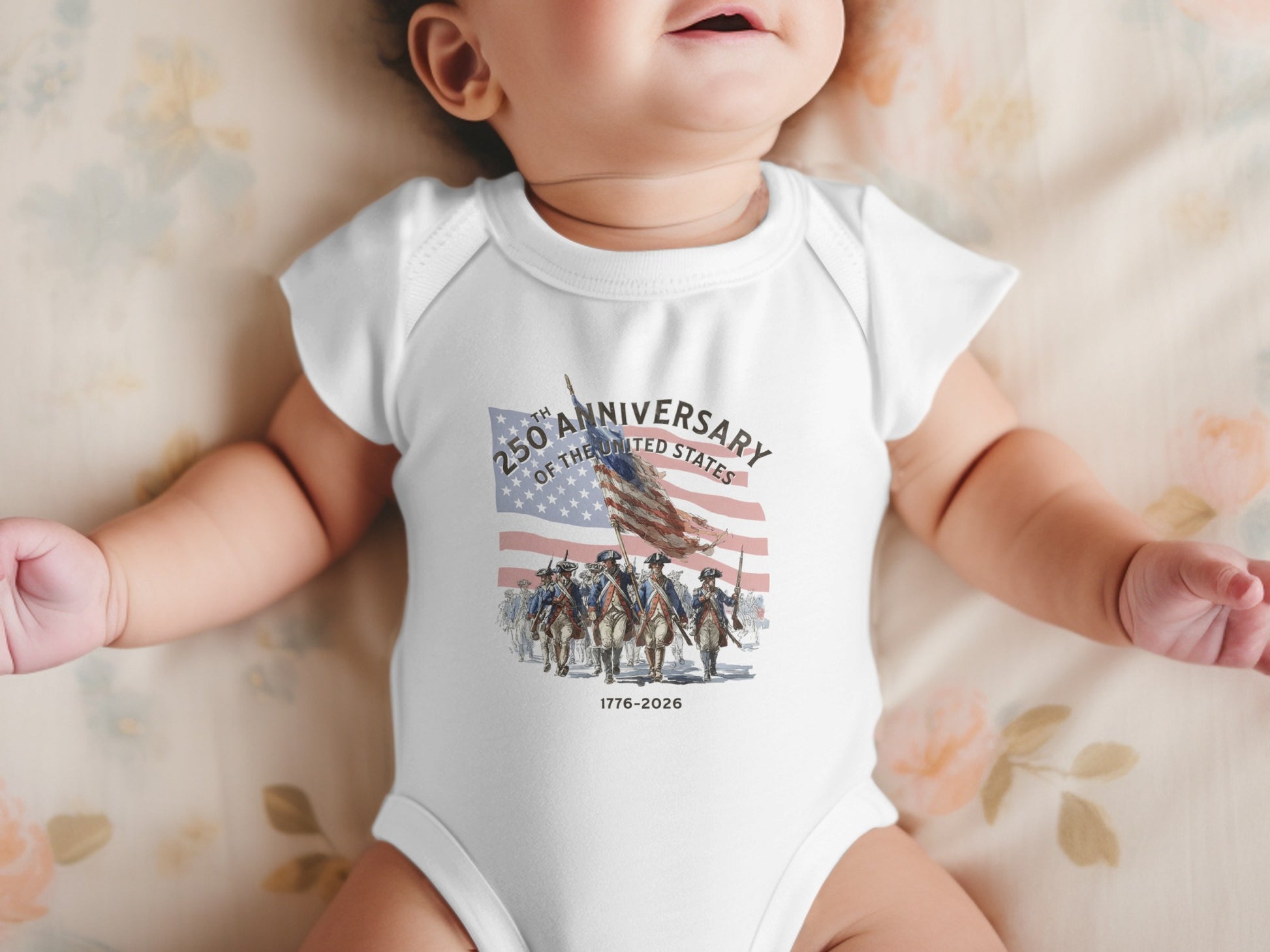 Baby's onesie with 250th anniversary of the United States graphic.