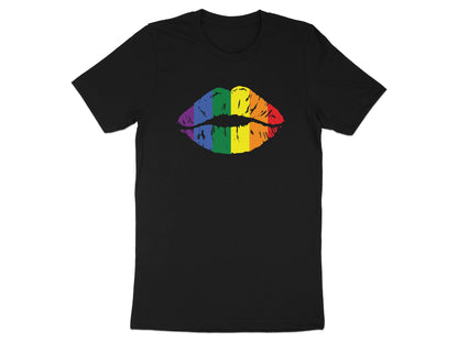 Black t-shirt with rainbow pride flag lips graphic.