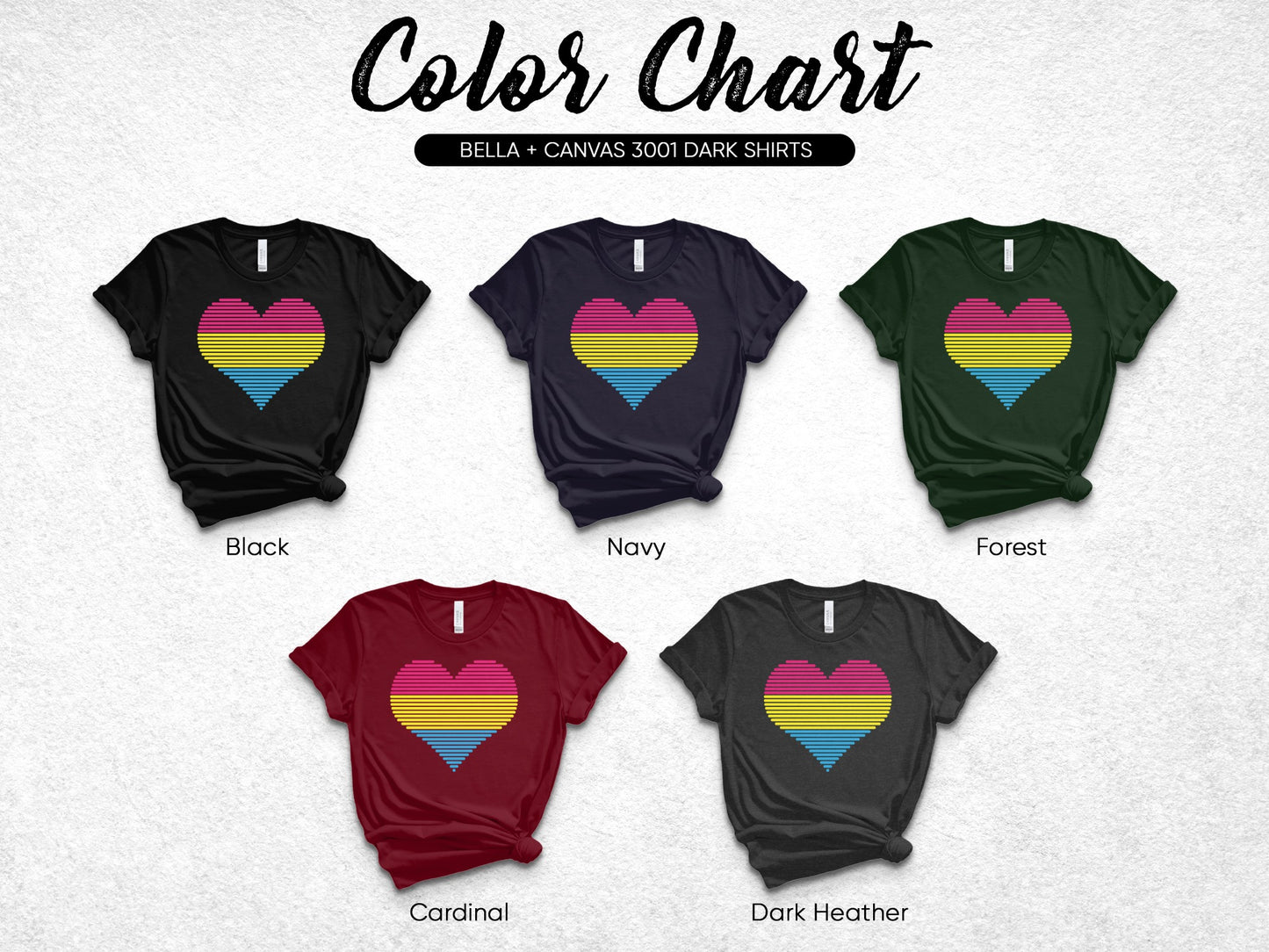 Color chart of five dark t-shirts with pansexual pride hearts.