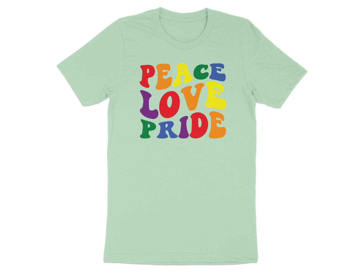 Light green t-shirt with rainbow "Peace Love Pride" text.