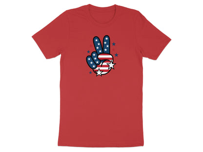 Red t-shirt with a peace sign featuring the American flag design.