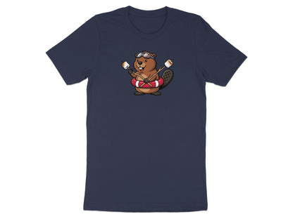 Cartoon beaver in inner tube holding marshmallows on sticks.