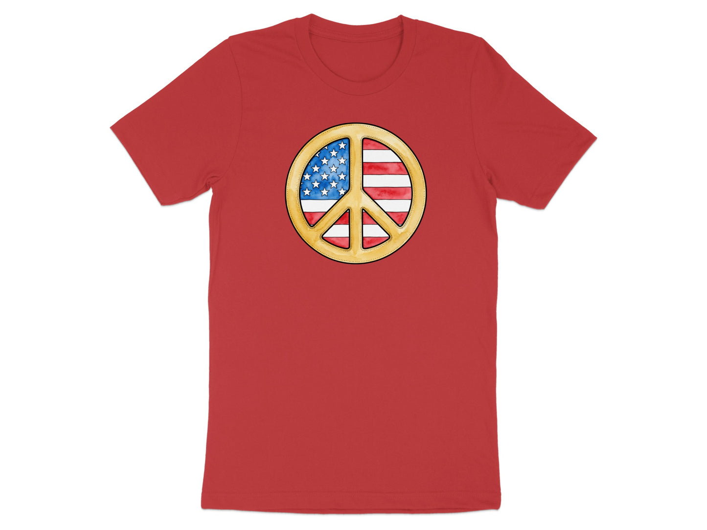 Red t-shirt with a golden peace sign featuring the American flag inside.