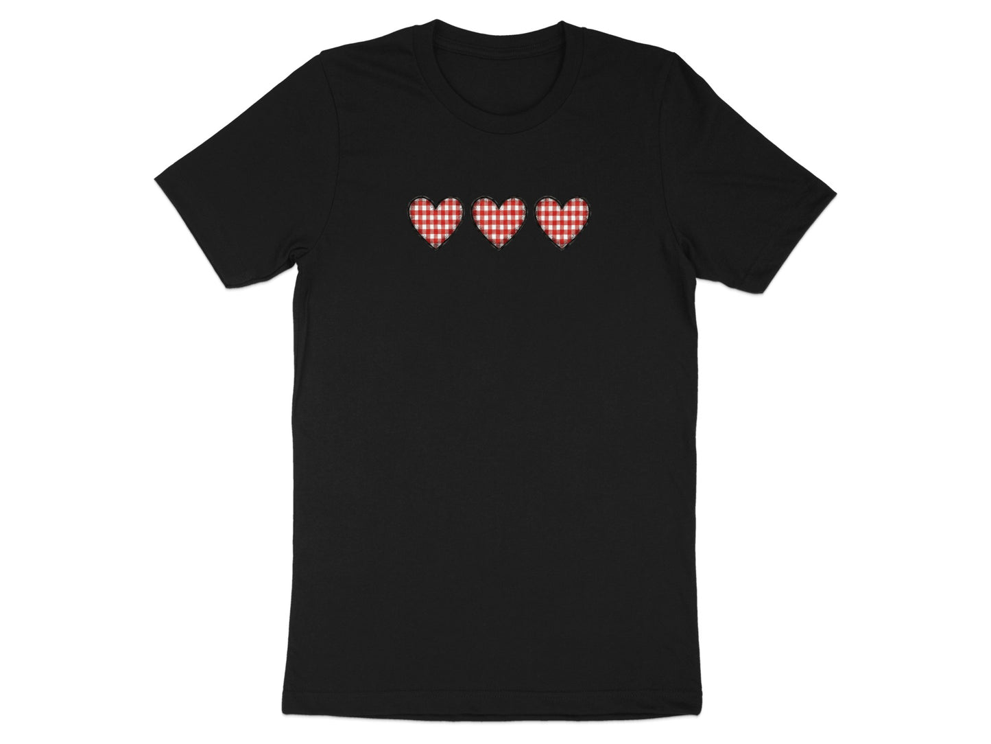 Black t-shirt with three red and white gingham hearts across the chest.
