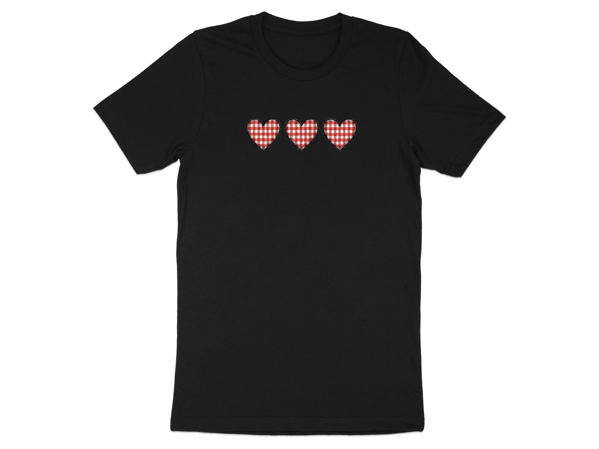 Black t-shirt with three red and white gingham hearts across the chest.