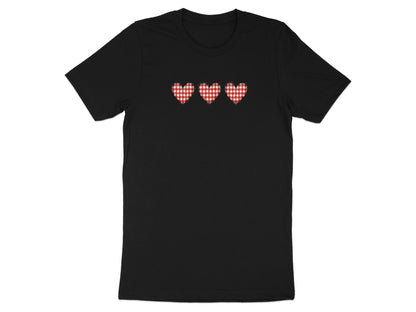 Black t-shirt with three red and white gingham hearts across the chest.