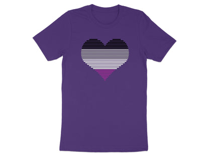 Purple t-shirt with an asexual pride heart in horizontal stripes.