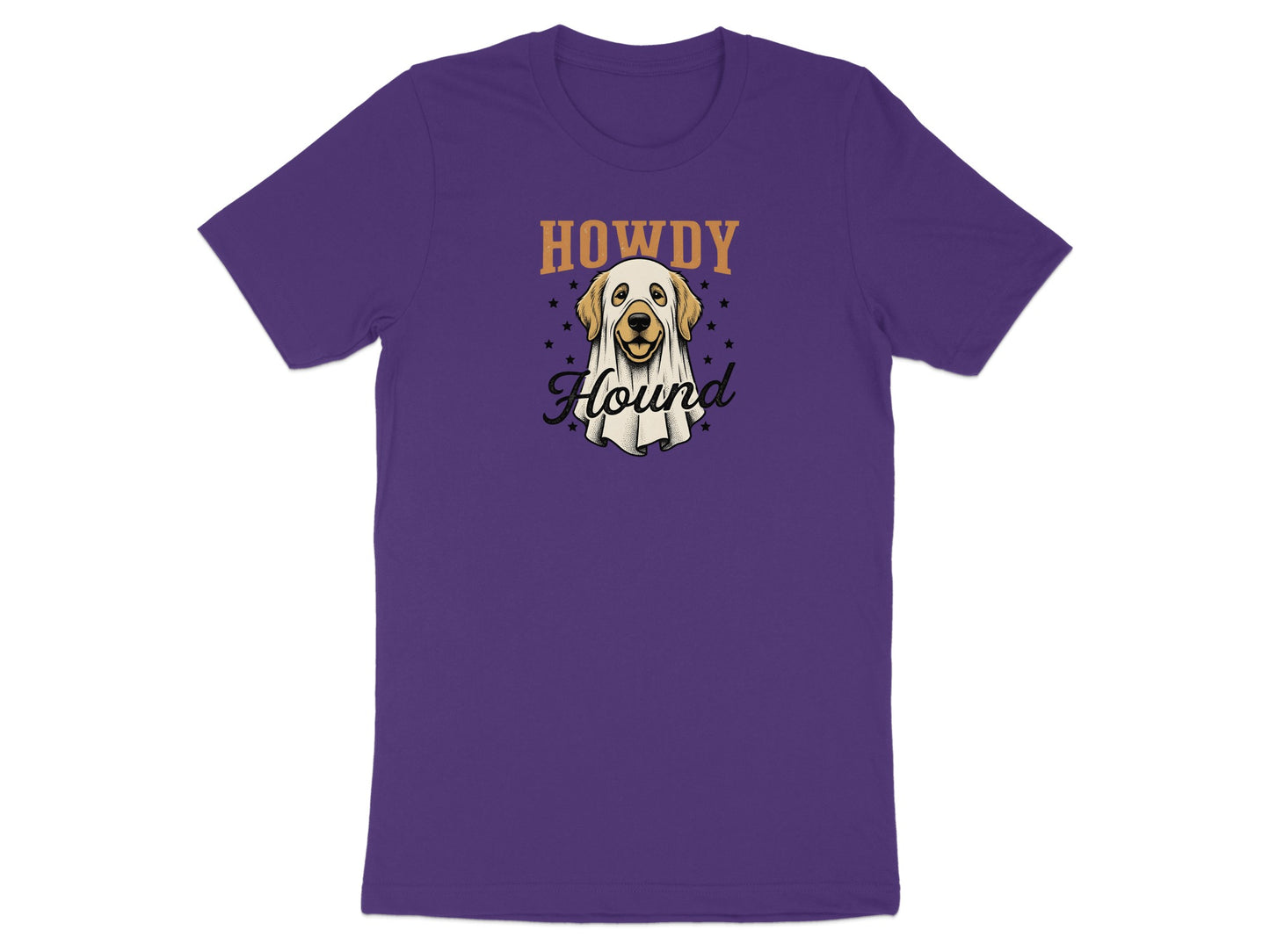 Purple t-shirt with a dog in a ghost costume graphic and "Howdy Hound" text.